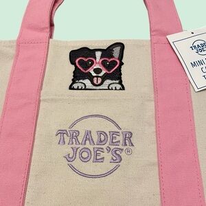 🐶Trader Joe's Mini Pastel Canvas Tote-Pink & Natural, One-Sided Cute Dog Design